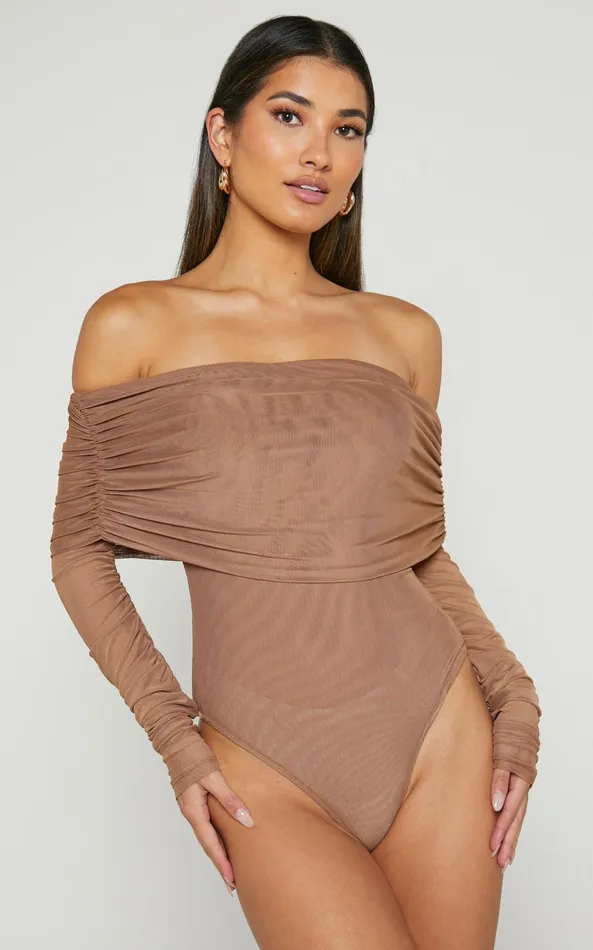 Showpo Jaythen Bodysuit 8211 Long Sleeve Off Shoulder Ruched Mesh Bodysuit In Mocha Women Tops