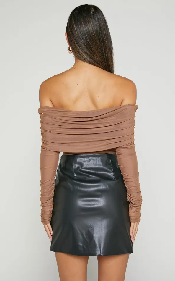 Showpo Jaythen Bodysuit 8211 Long Sleeve Off Shoulder Ruched Mesh Bodysuit In Mocha Women Tops