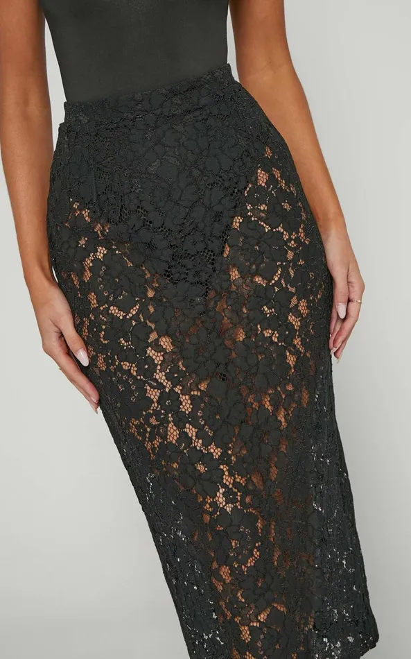 Showpo Jazmin Midi Skirt 8211 Lace Skirt In Black Women Skirts
