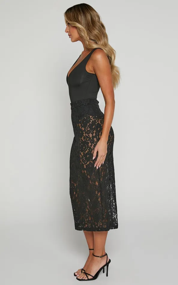 Showpo Jazmin Midi Skirt 8211 Lace Skirt In Black Women Skirts