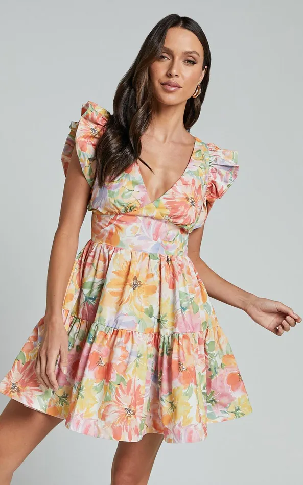 Showpo Jeanise Mini Dress 8211 Flutter Sleeve Tiered Dress In Summer Floral Women Dresses