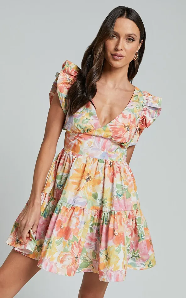 Showpo Jeanise Mini Dress 8211 Flutter Sleeve Tiered Dress In Summer Floral Women Dresses