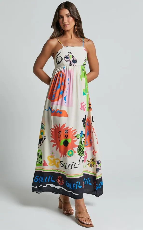 Showpo Jelena Midi Dress 8211 Straight Neck Sleeveless A Line Dress In Summer Holiday Print Women Dresses