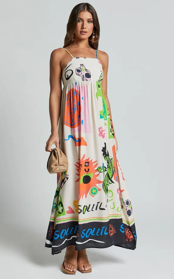Showpo Jelena Midi Dress 8211 Straight Neck Sleeveless A Line Dress In Summer Holiday Print Women Dresses