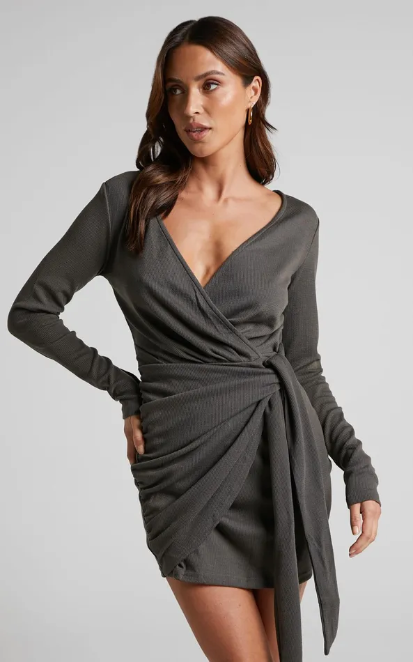 Showpo Jelena Mini Dress 8211 Plunge Wrap Front Long Sleeve Dress In Dark Olive Women Basics Showpo Jelena Mini Dress 8211 Plunge Wrap Front Long Sleeve Dress In Dark Olive Women Basics