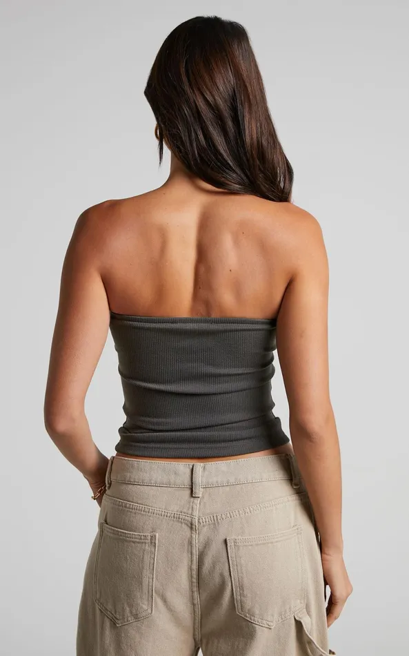 Showpo Jelena Top 8211 Jersey Strapless Twist Front Top In Dark Olive Women Basics