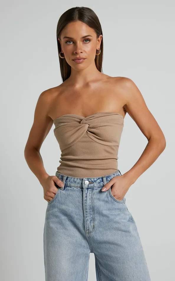 Showpo Jelena Top 8211 Jersey Strapless Twist Front Top In Tan Women Curve Clothes Showpo Jelena Top 8211 Jersey Strapless Twist Front Top In Tan Women Curve Clothes