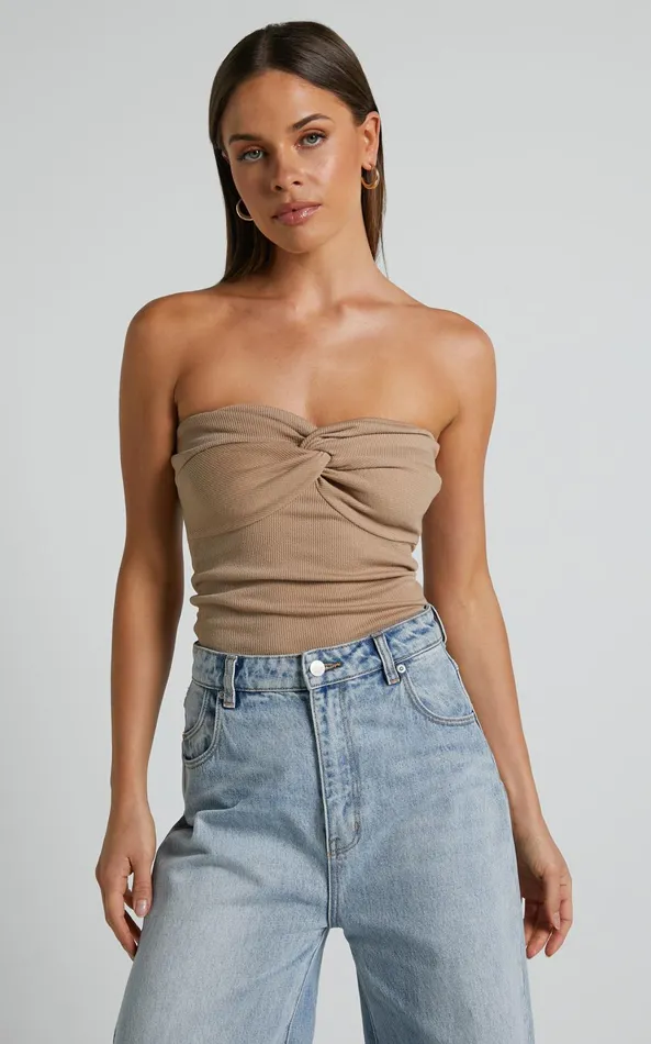 Showpo Jelena Top 8211 Jersey Strapless Twist Front Top In Tan Women Curve Clothes Showpo Jelena Top 8211 Jersey Strapless Twist Front Top In Tan Women Curve Clothes
