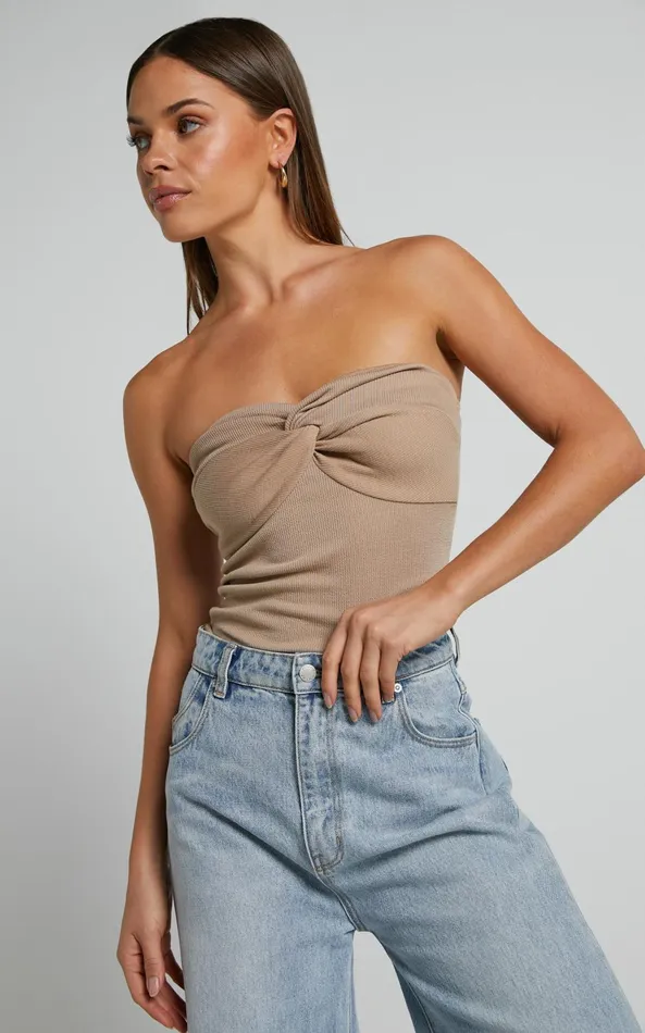 Showpo Jelena Top 8211 Jersey Strapless Twist Front Top In Tan Women Curve Clothes Showpo Jelena Top 8211 Jersey Strapless Twist Front Top In Tan Women Curve Clothes