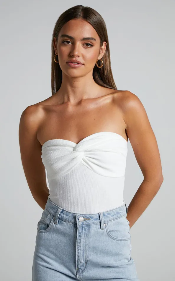 Showpo Jelena Top 8211 Jersey Strapless Twist Front Top In White Women Curve Clothes