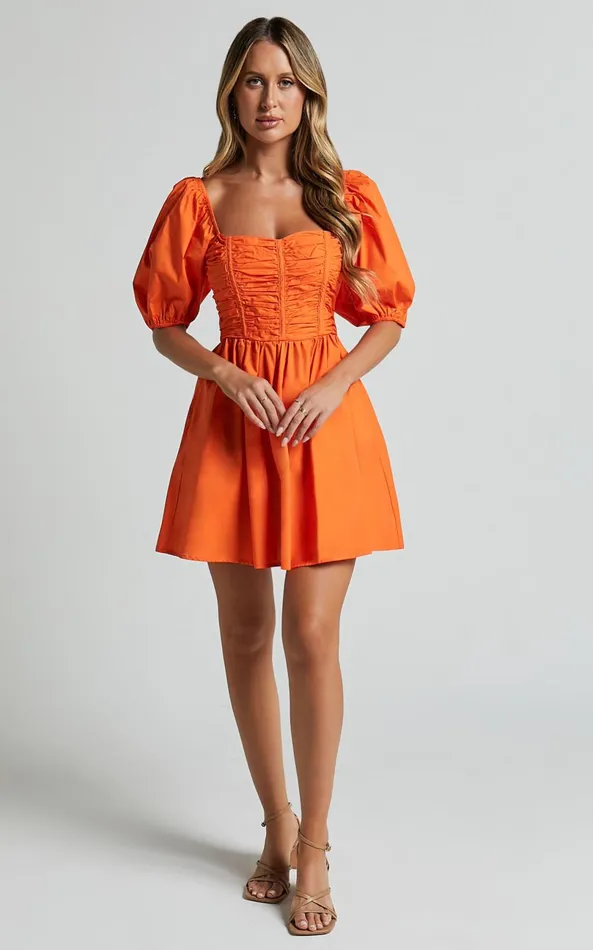 Showpo Jellina Mini Dress 8211 Short Puff Sleeve Ruched Bodice Dress In Orange Women Dresses