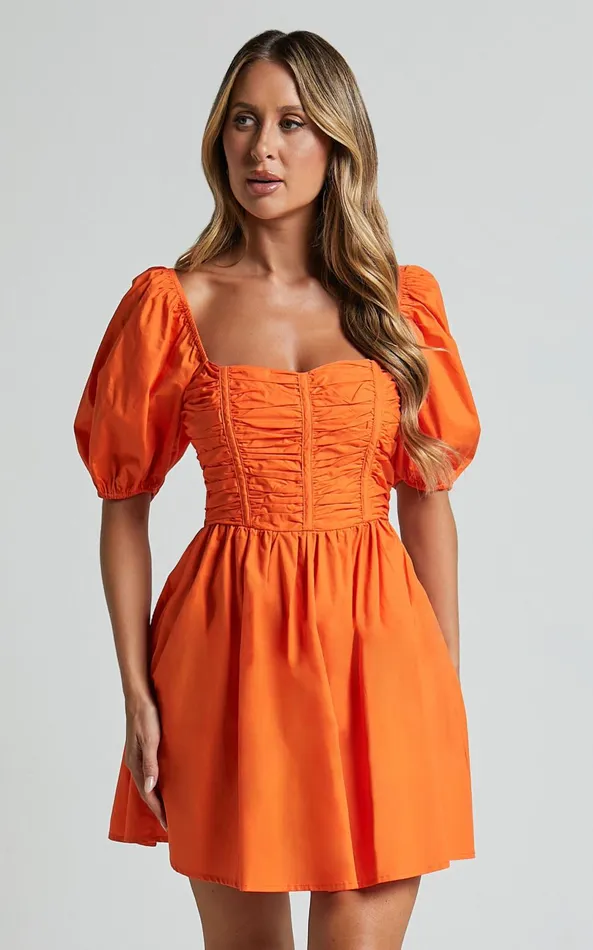 Showpo Jellina Mini Dress 8211 Short Puff Sleeve Ruched Bodice Dress In Orange Women Dresses