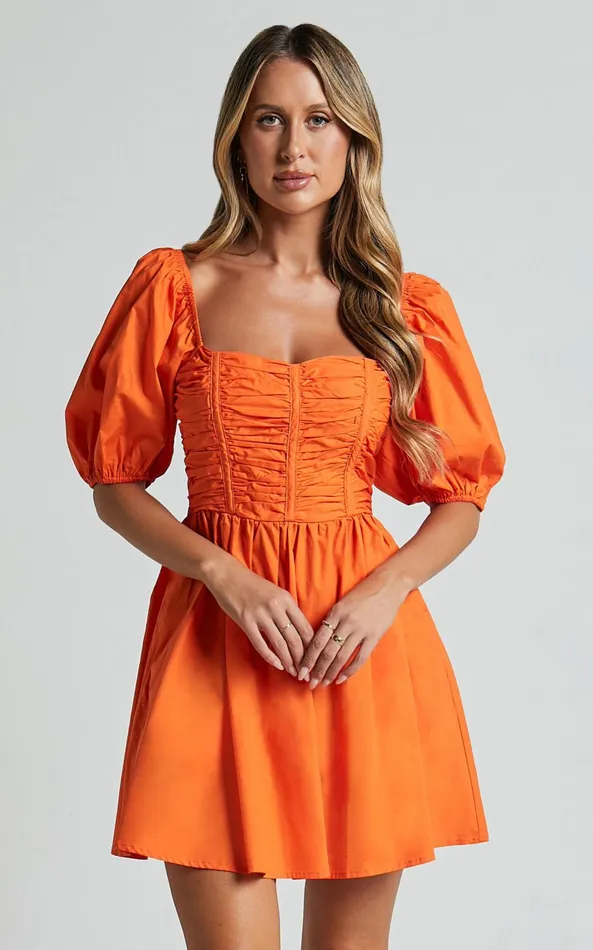 Showpo Jellina Mini Dress 8211 Short Puff Sleeve Ruched Bodice Dress In Orange Women Dresses