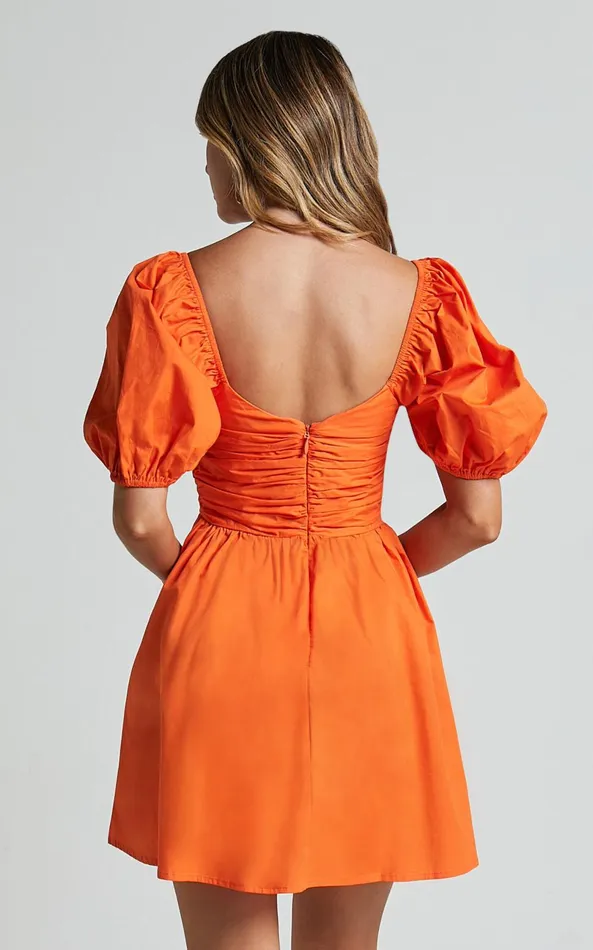 Showpo Jellina Mini Dress 8211 Short Puff Sleeve Ruched Bodice Dress In Orange Women Dresses