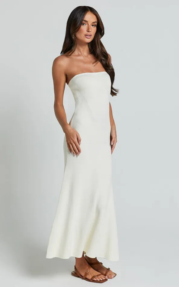 Showpo Jenara Knitted Midi Dress 8211 Strapless Knited Midi Dress In Off White Women Dresses