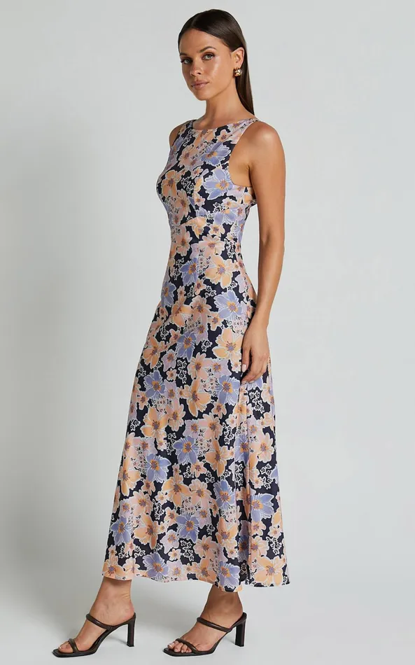 Showpo Jenibelle Midi Dress 8211 Boat Neck Open Back Sleeveless Bias Cut Slip Dress In Mellow Floral Women Dresses