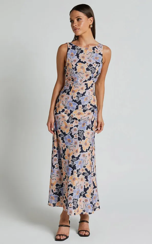 Showpo Jenibelle Midi Dress 8211 Boat Neck Open Back Sleeveless Bias Cut Slip Dress In Mellow Floral Women Dresses