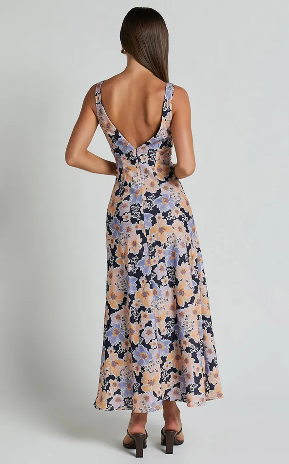 Showpo Jenibelle Midi Dress 8211 Boat Neck Open Back Sleeveless Bias Cut Slip Dress In Mellow Floral Women Dresses