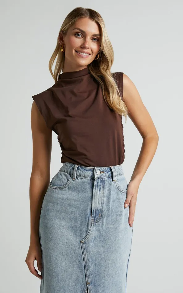 Showpo Jenner Top 8211 High Neck Ruched Side Top In Chocolate Women Tops
