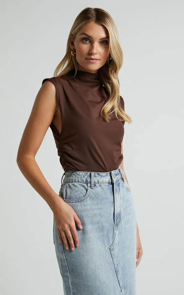 Showpo Jenner Top 8211 High Neck Ruched Side Top In Chocolate Women Tops