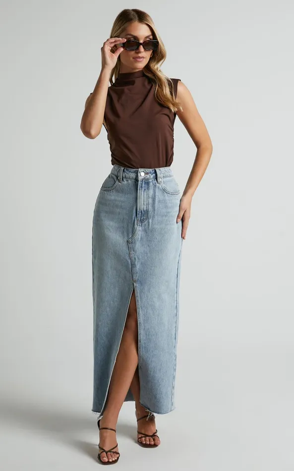 Showpo Jenner Top 8211 High Neck Ruched Side Top In Chocolate Women Tops