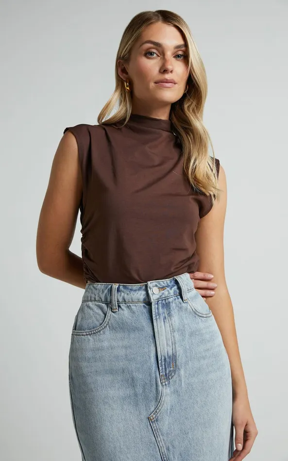 Showpo Jenner Top 8211 High Neck Ruched Side Top In Chocolate Women Tops