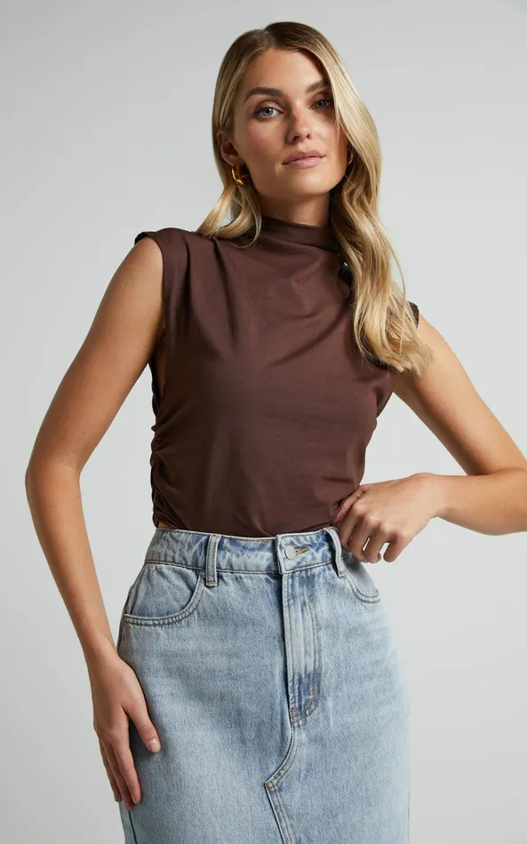 Showpo Jenner Top 8211 High Neck Ruched Side Top In Chocolate Women Tops