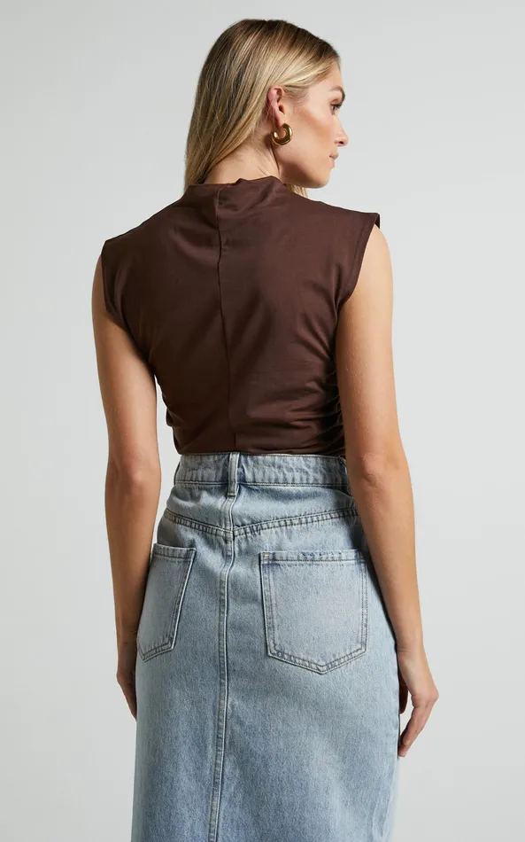 Showpo Jenner Top 8211 High Neck Ruched Side Top In Chocolate Women Tops