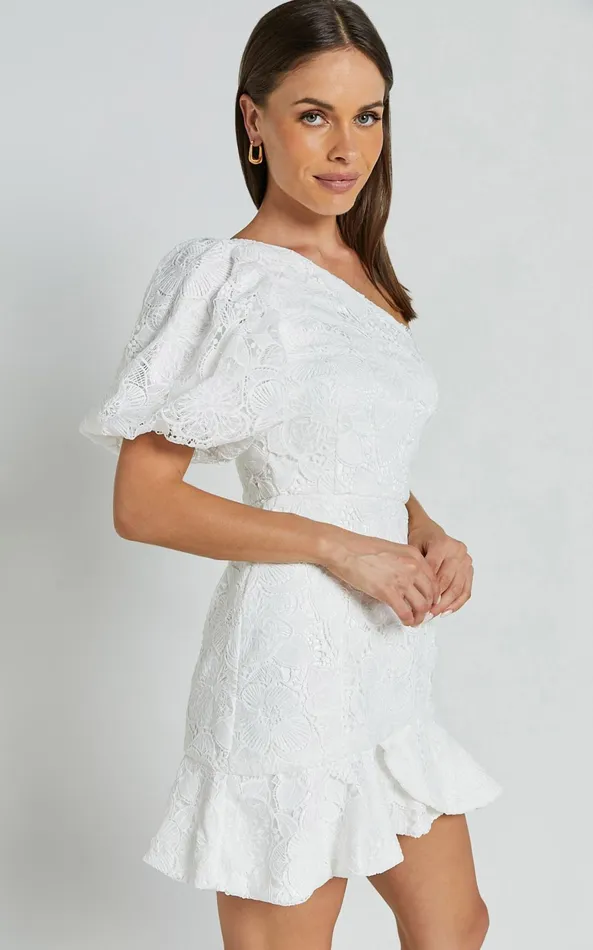 Showpo Jenny Mini Dress 8211 One Shoulder Side Cut Out Lace Dress In White Women Dresses