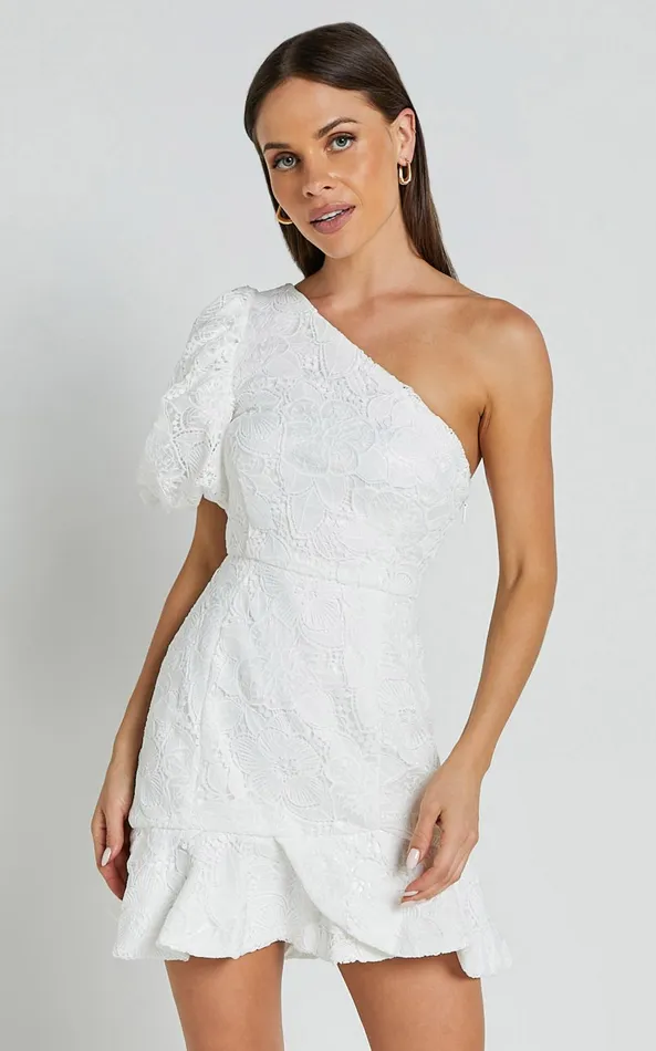 Showpo Jenny Mini Dress 8211 One Shoulder Side Cut Out Lace Dress In White Women Dresses