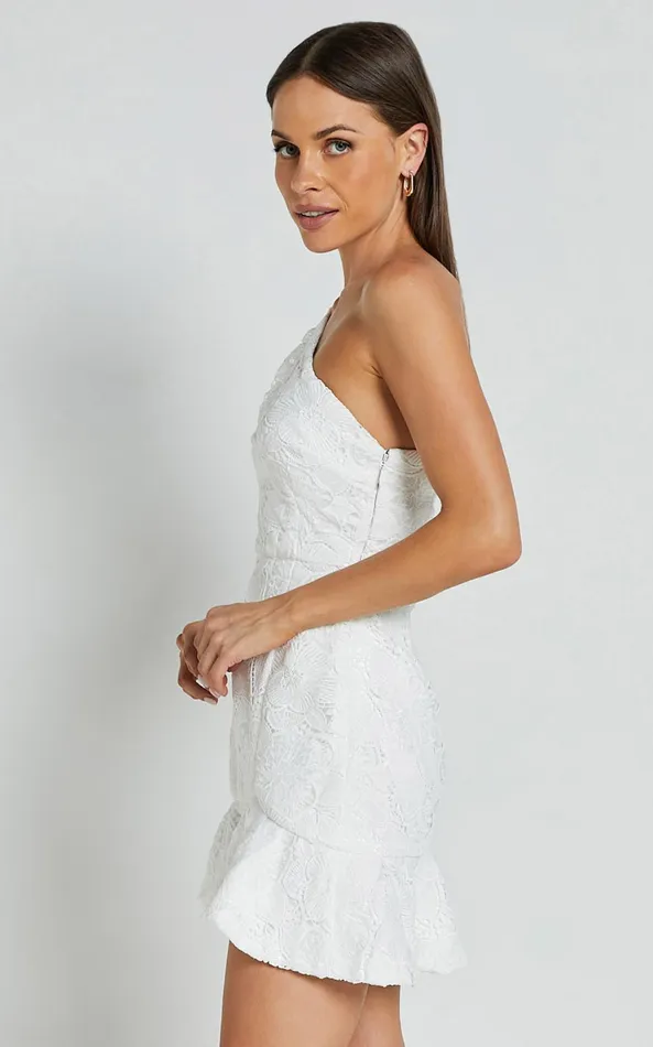 Showpo Jenny Mini Dress 8211 One Shoulder Side Cut Out Lace Dress In White Women Dresses