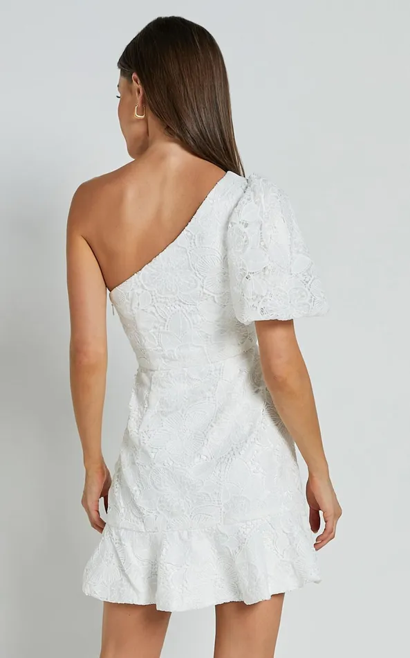 Showpo Jenny Mini Dress 8211 One Shoulder Side Cut Out Lace Dress In White Women Dresses