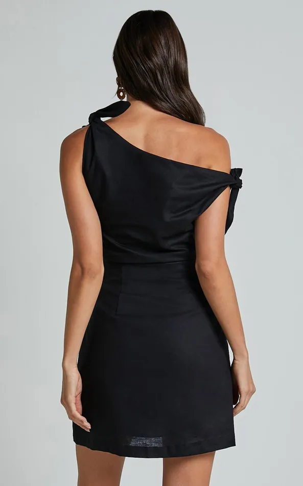 Showpo Jeofina Mini Dress 8211 Off The Shoulder Linen Look Dress In Black Women Dresses