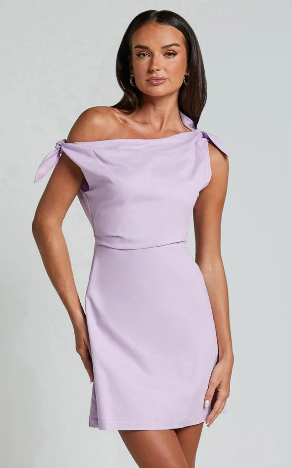 Showpo Jeofina Mini Dress 8211 Off The Shoulder Linen Look Dress In Lilac Women Dresses