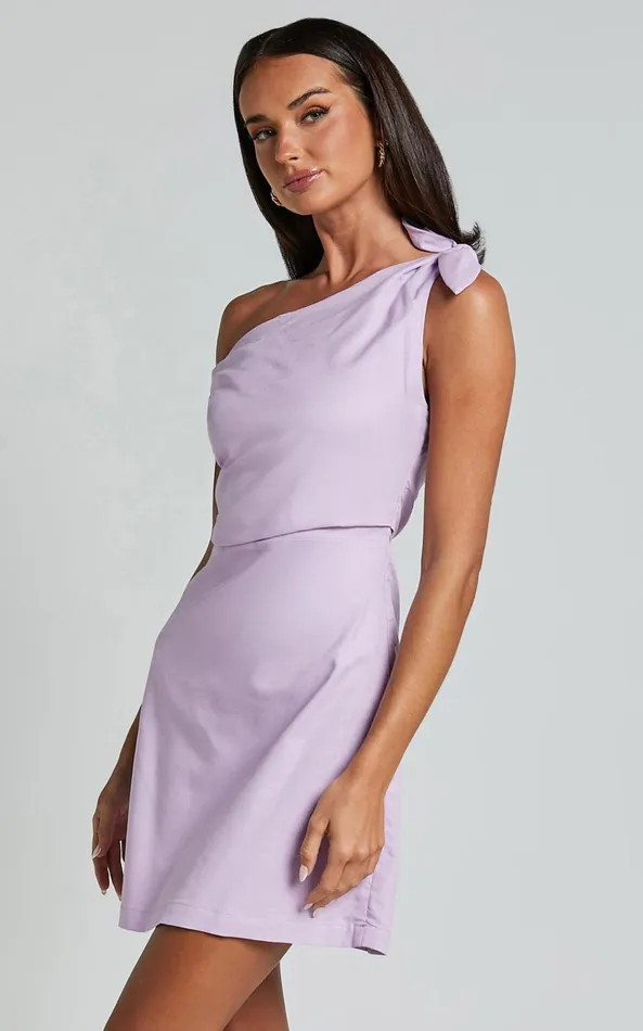 Showpo Jeofina Mini Dress 8211 Off The Shoulder Linen Look Dress In Lilac Women Dresses
