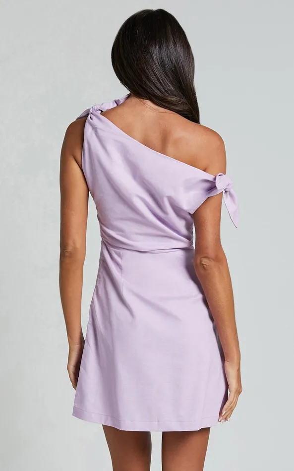 Showpo Jeofina Mini Dress 8211 Off The Shoulder Linen Look Dress In Lilac Women Dresses