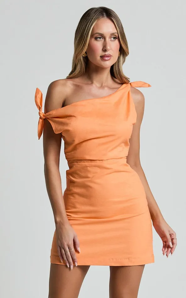 Showpo Jeofina Mini Dress 8211 Off The Shoulder Linen Look Dress In Orange Women Dresses