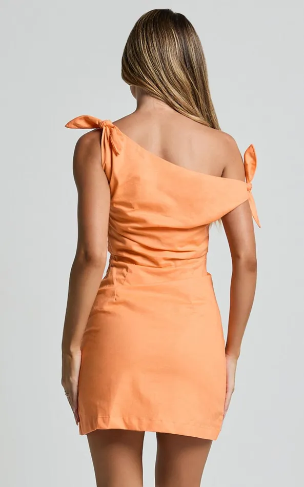 Showpo Jeofina Mini Dress 8211 Off The Shoulder Linen Look Dress In Orange Women Dresses