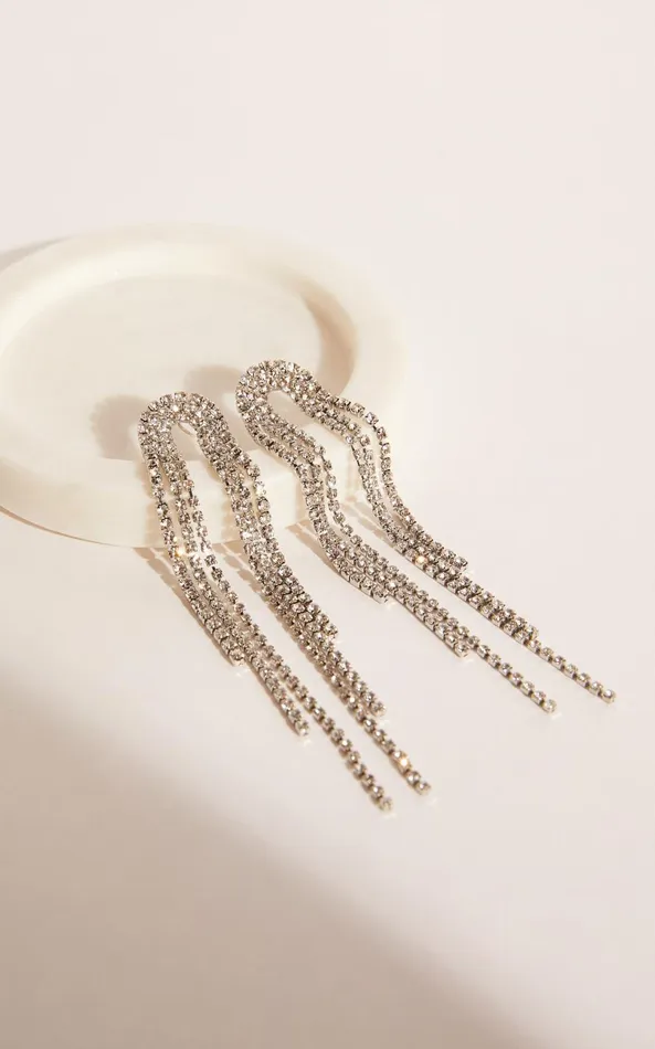 Showpo Jerrianne Diamante Waterfall Drop Earrings In Silver Women Earrings