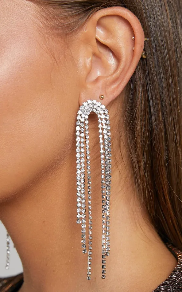 Showpo Jerrianne Diamante Waterfall Drop Earrings In Silver Women Earrings