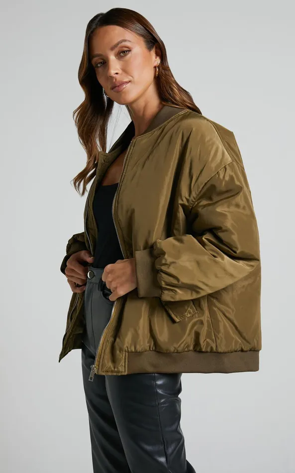 Showpo Jescinta Jacket 8211 Oversized Bomber Jacket In Olive Women Jackets and Coats