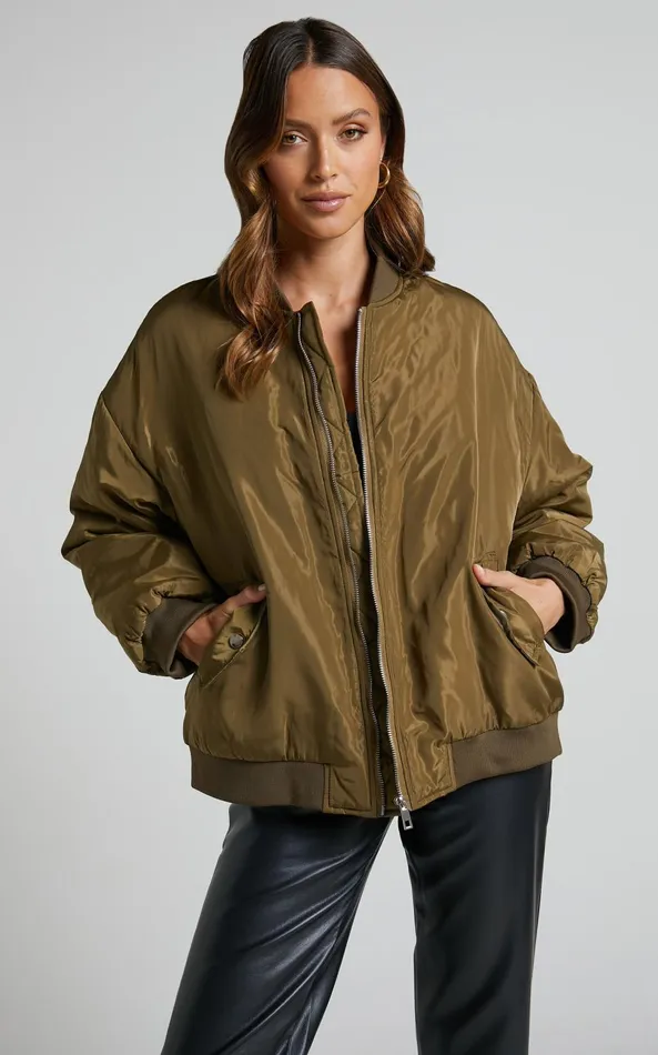 Showpo Jescinta Jacket 8211 Oversized Bomber Jacket In Olive Women Jackets and Coats