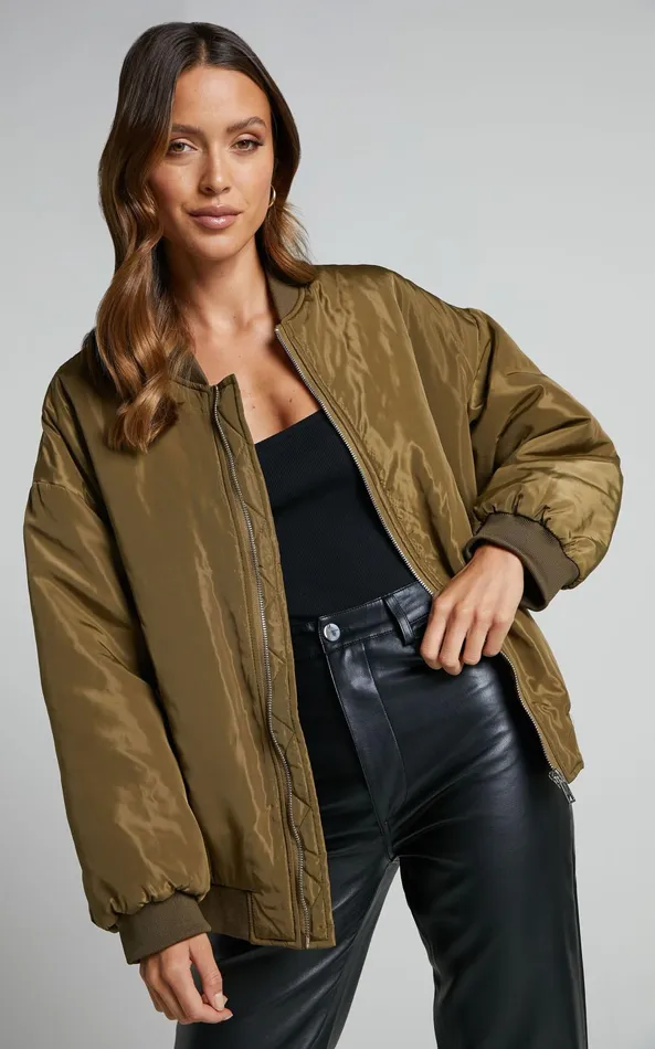 Showpo Jescinta Jacket 8211 Oversized Bomber Jacket In Olive Women Jackets and Coats