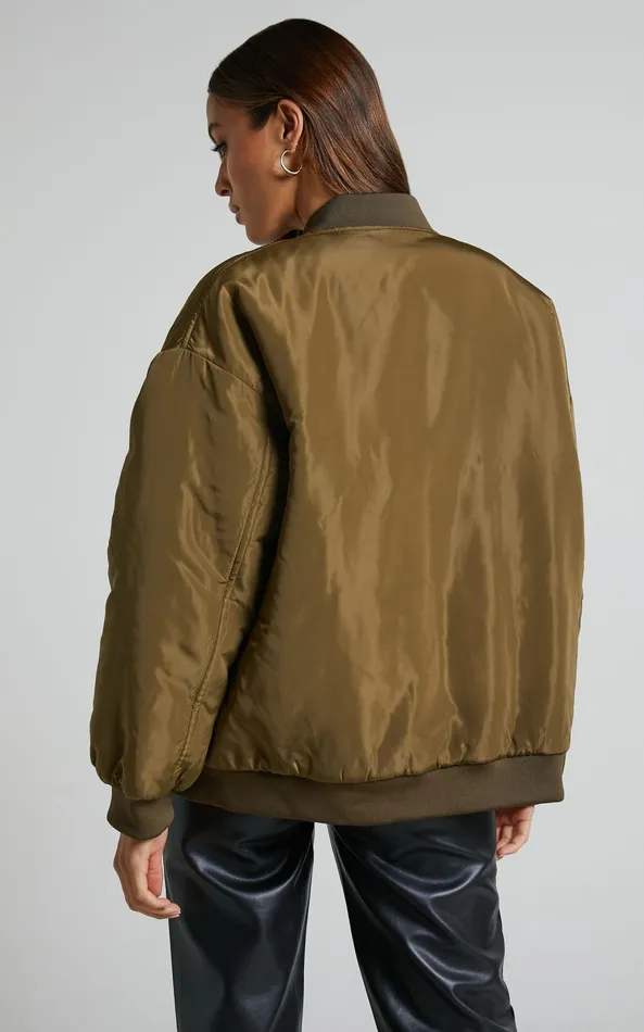 Showpo Jescinta Jacket 8211 Oversized Bomber Jacket In Olive Women Jackets and Coats