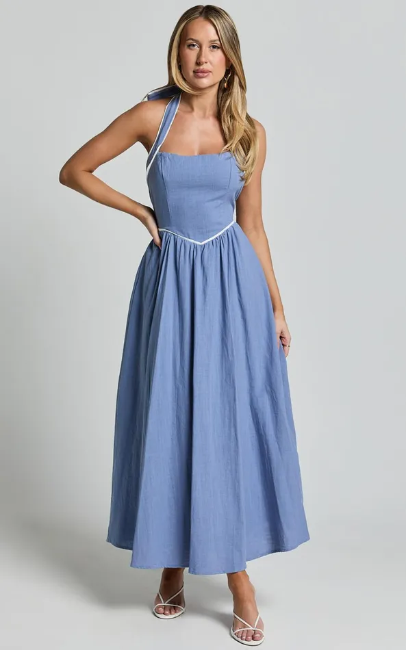 Showpo Jesse Midi Dress 8211 Halter Neck Back Tie Dress In Blue Women Dresses