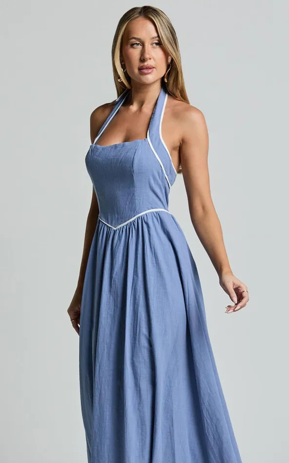 Showpo Jesse Midi Dress 8211 Halter Neck Back Tie Dress In Blue Women Dresses