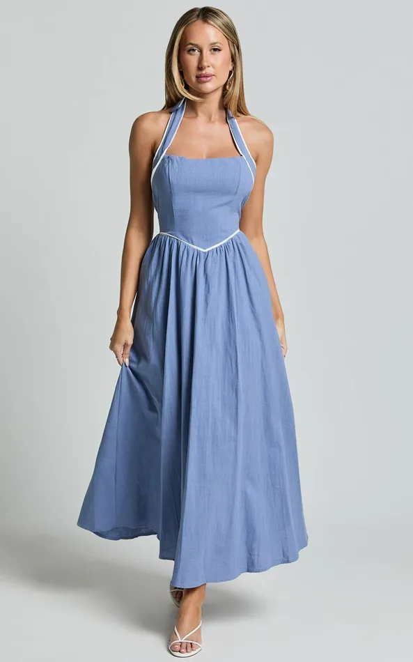 Showpo Jesse Midi Dress 8211 Halter Neck Back Tie Dress In Blue Women Dresses