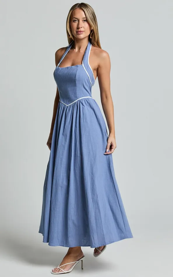 Showpo Jesse Midi Dress 8211 Halter Neck Back Tie Dress In Blue Women Dresses