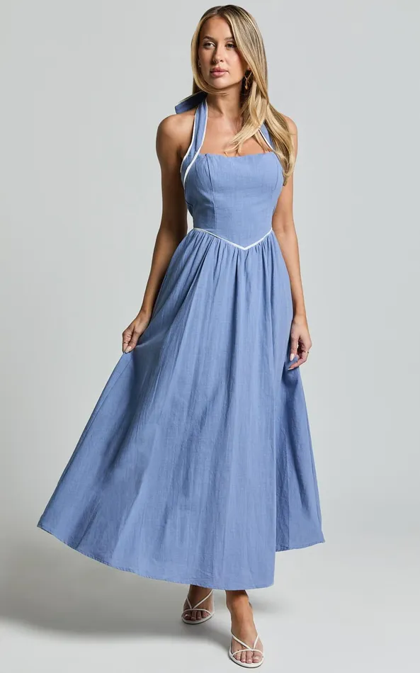 Showpo Jesse Midi Dress 8211 Halter Neck Back Tie Dress In Blue Women Dresses