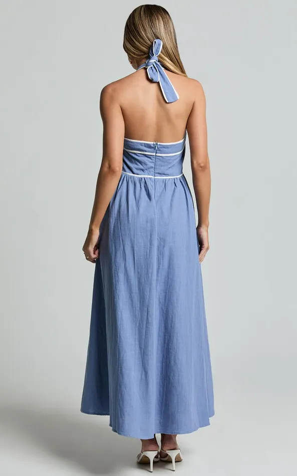 Showpo Jesse Midi Dress 8211 Halter Neck Back Tie Dress In Blue Women Dresses